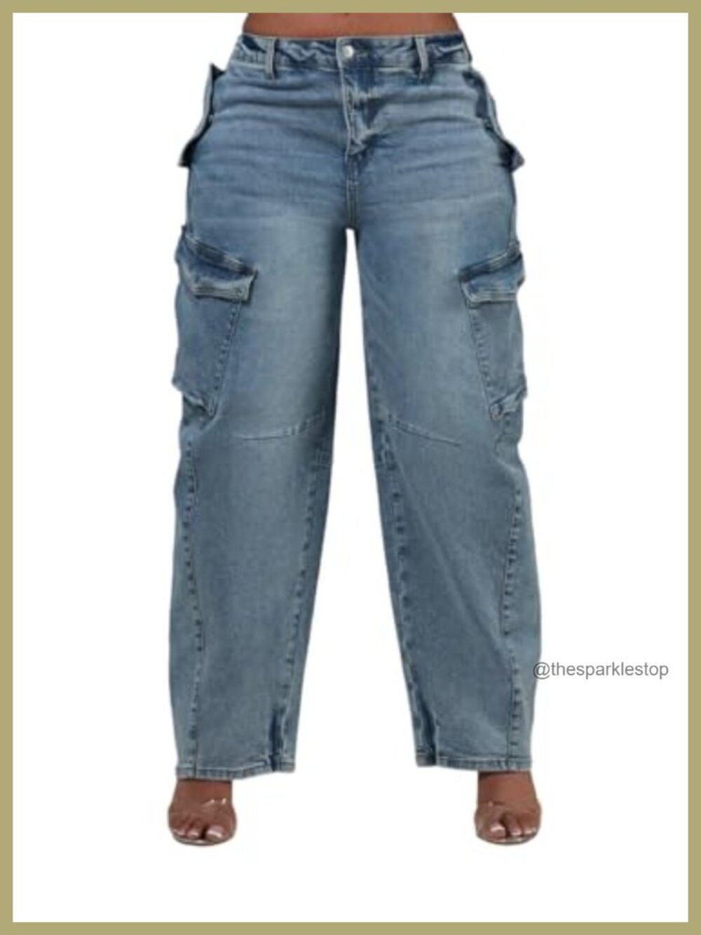 Wide Leg High Waisted Cargo Pocket Baggy Stretchy Denim Pants